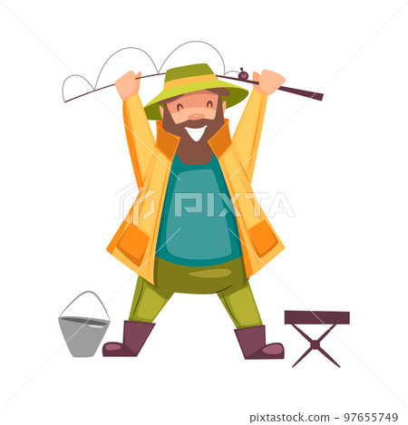 Bearded Fisherman Capturing Fish with Rod and Bucket Vector Illustration Bearded Fisherman Capturing Fish with Rod and Bucket Vector Illustration 97655749