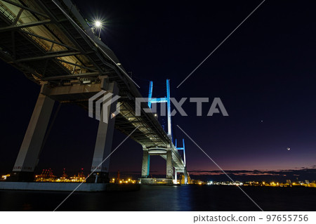 Yokohama, Kanagawa Prefecture/Yokohama Bay Bridge illuminated in blue Yokohama, Kanagawa Prefecture/Yokohama Bay Bridge illuminated in blue 97655756