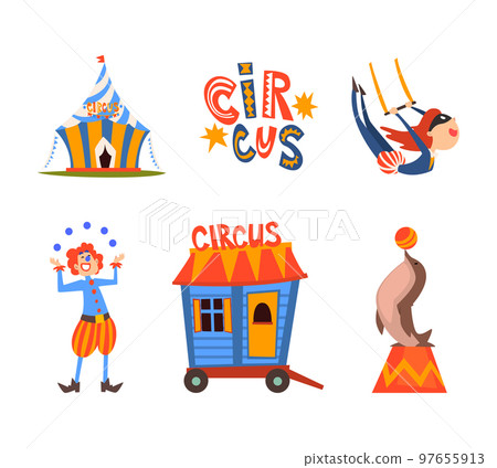 Traveling Chapiteau Circus with Acrobat, Clown Juggling Balls, Seal and Tent Vector Set Traveling Chapiteau Circus with Acrobat, Clown Juggling Balls, Seal and Tent Vector Set 97655913