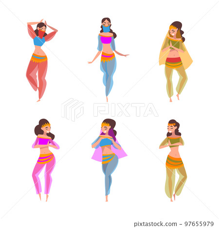 Beautiful Eastern Woman Dancing Belly Dance Vector Set 97655979