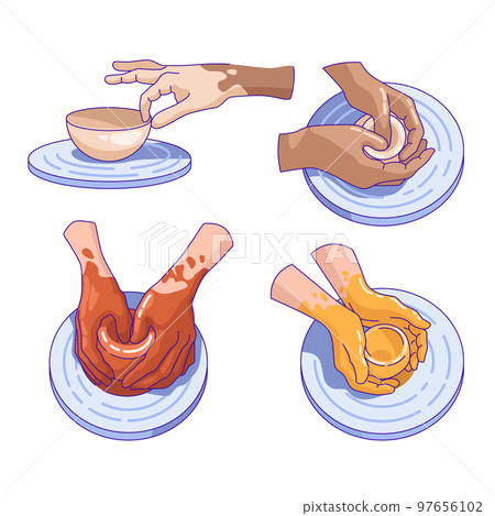 Potter hands making ceramic clay vase. Vector flat design for ceramic 97656102