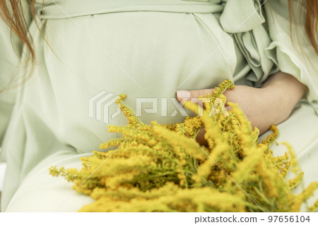 Cropped big belly of pregnant woman with yellow flowers Goldenrod.White female wears dress.Magic happy pregnancy. Childbirth preparations, emotional connection with baby. Baby shower. Horizontal 97656104