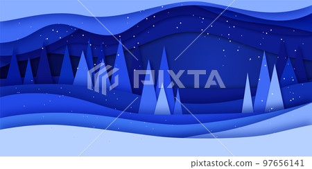 Vector winter landscape with fir trees, clouds and snow in paper cut style 97656141