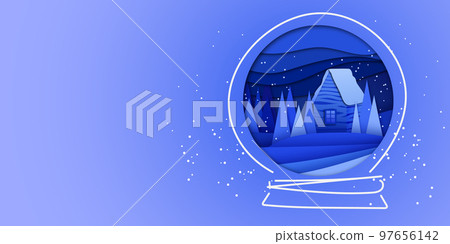 Paper cut effect. Banner with house in snowball. Vector flat illustration 97656142