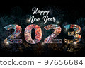 Happy New Year Card 2023 with firework explosions 97656684