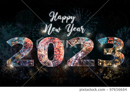 Happy New Year Card 2023 with firework explosions Happy New Year Card 2023 with firework explosions 97656684