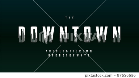 High bold font with skyscraper silhouettes in letters space. Big city alphabet. Minimalist monumental font, architectural type for urban logo, headline, monogram. Vector typographic design. High bold font with skyscraper silhouettes in letters space. Big city alphabet. Minimalist monumental font, architectural type for urban logo, headline, monogram. Vector typographic design. 97656686