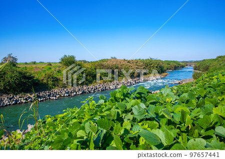 Flowing Arakawa Scenery from near Kitamoto Mizube Plaza Park Autumn season 97657441