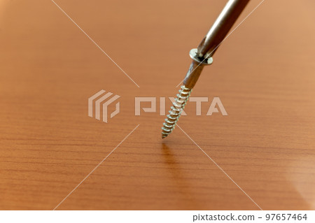 A metal screw magnetically attached to the tip of a screwdriver A metal screw magnetically attached to the tip of a screwdriver 97657464