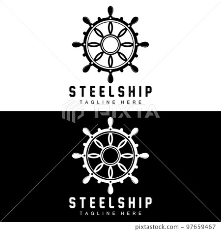 Ship Steering Logo, Ocean Icons Ship Steering Vector With Ocean Waves, Sailboat Anchor And Rope, Company Brand Sailing Design 97659467