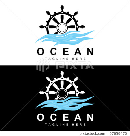 Ship Steering Logo, Ocean Icons Ship Steering Vector With Ocean Waves, Sailboat Anchor And Rope, Company Brand Sailing Design 97659470