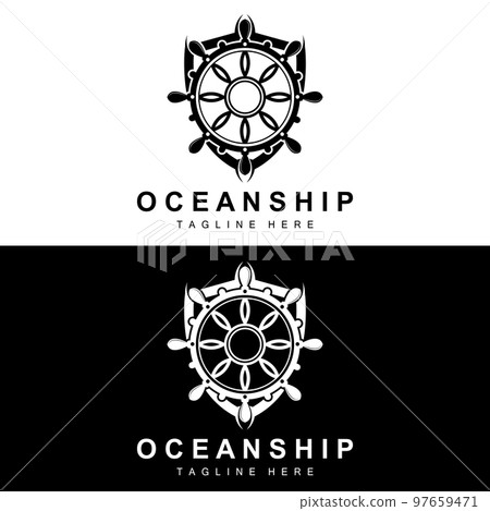 Ship Steering Logo, Ocean Icons Ship Steering Vector With Ocean Waves, Sailboat Anchor And Rope, Company Brand Sailing Design 97659471