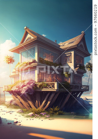 Illustration of summer houses at the ocean or sea with dramatic sky at sunset.Ai generated content 97660219