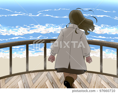 看美麗的冬天海的婦女 看美麗的冬天海的婦女 97660710