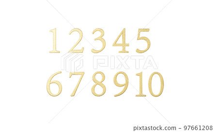 一組數字 1、2、3、4、5、6、7、8、9、10。金光閃閃的數字。蹩腳的面料。 (巴新) 97661208