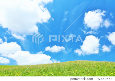 初夏的藍天和清新的綠草甸風光 97662668
