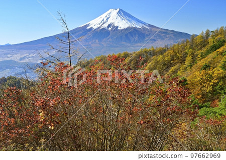 Mt.Mitsutoge到Mt.Fuji和山脊上的秋天樹木 Mt.Mitsutoge到Mt.Fuji和山脊上的秋天樹木 97662969