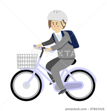 Illustration image of a female office worker wearing a helmet and riding a bicycle 97663426