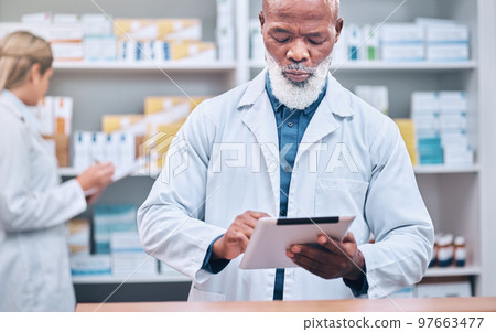 Tablet, pharmacist and senior man in pharmacy for healthcare research. Technology, wellness and elderly black man and medical professional with touchscreen for medicine prescription and telehealth. Tablet, pharmacist and senior man in pharmacy for healthcare research. Technology, wellness and elderly black man and medical professional with touchscreen for medicine prescription and telehealth. 97663477