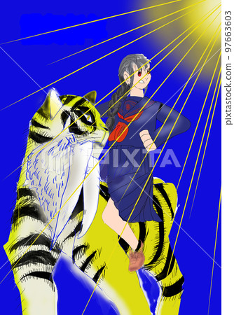 Yuko riding a saber-toothed tiger 97663603