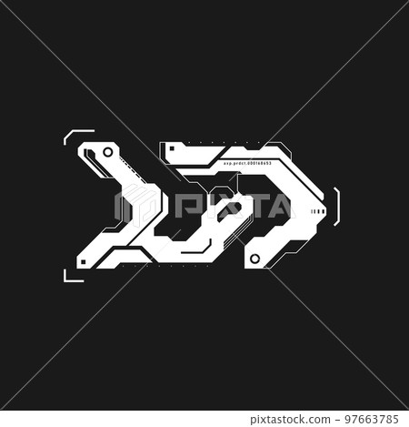 Cyberpunk arrow. Cyberpunk interface element. Futuristic tech pointer, direction. Arrow for design of game UI, poster, banner. Sci-fi style element. Tech aesthetics. Vector 97663785