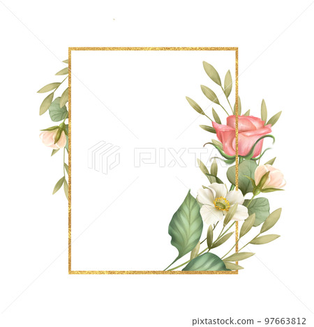 Gold rectangle frame with flowers and leaves. Floral Wedding card decor. Gold rectangle frame with flowers and leaves. Floral Wedding card decor. 97663812