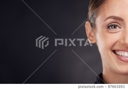 Skincare, portrait or woman in studio with a happy smile after facial grooming routine isolated on black background. Beauty glow, face or girl model smiling with marketing or advertising mockup space Skincare, portrait or woman in studio with a happy smile after facial grooming routine isolated on black background. Beauty glow, face or girl model smiling with marketing or advertising mockup space 97663891