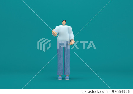 cartoon character wearing jeans and long shirt. He is expression of body and hand when talking. 3d rendering in acting. cartoon character wearing jeans and long shirt. He is expression of body and hand when talking. 3d rendering in acting. 97664996
