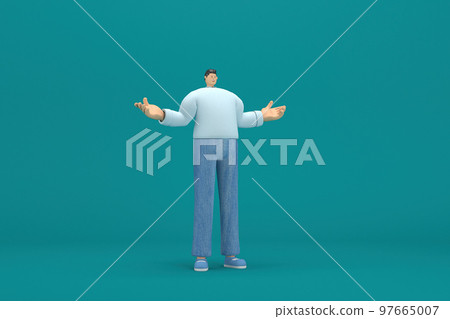 cartoon character wearing jeans and  long shirt. He is expression  of body and hand when talking. 3d rendering in acting. 97665007