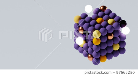3d colorful cube with glowing spheres. Abstract primitive shapes on white background. 3d illustration. 3d rendering. 97665280
