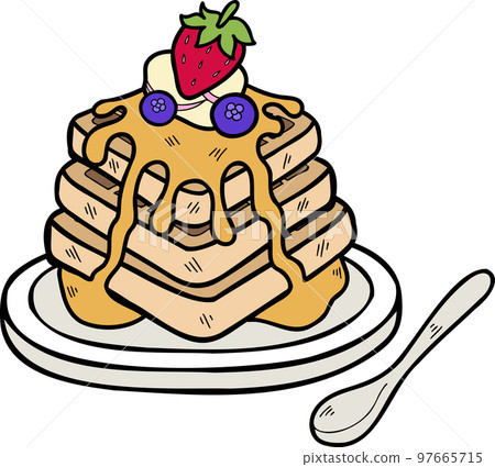Hand Drawn Honey waffles with strawberries illustration Hand Drawn Honey waffles with strawberries illustration 97665715