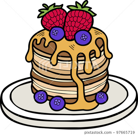 Hand Drawn Pancakes with honey and strawberries illustration Hand Drawn Pancakes with honey and strawberries illustration 97665719