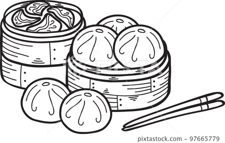 Hand Drawn steamed bun with bamboo tray Chinese and Japanese food illustration 97665779