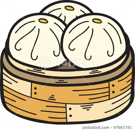 Hand Drawn steamed bun with bamboo tray Chinese and Japanese food illustration 97665781