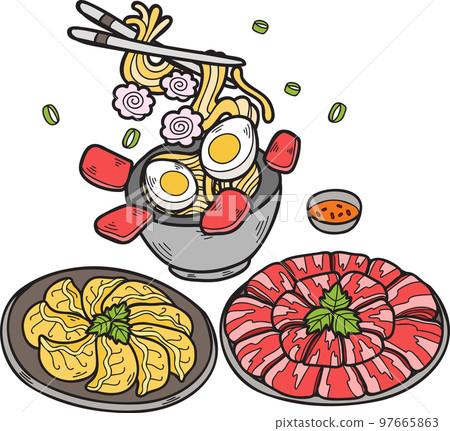 Hand Drawn Noodles and Gyoza Chinese and Japanese food illustration 97665863