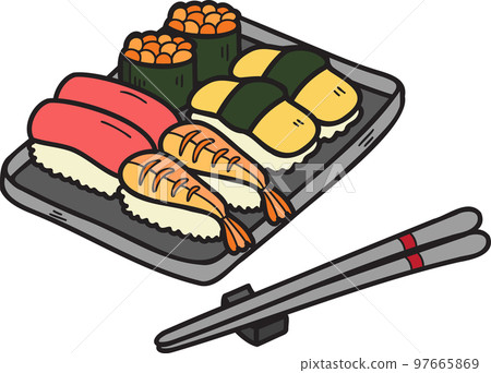 Hand Drawn sushi and chopsticks Chinese and Japanese food illustration 97665869