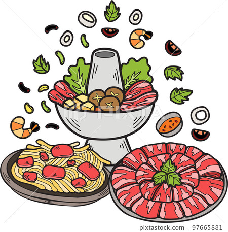 Hand Drawn meat for hot pot Chinese and Japanese food illustration 97665881