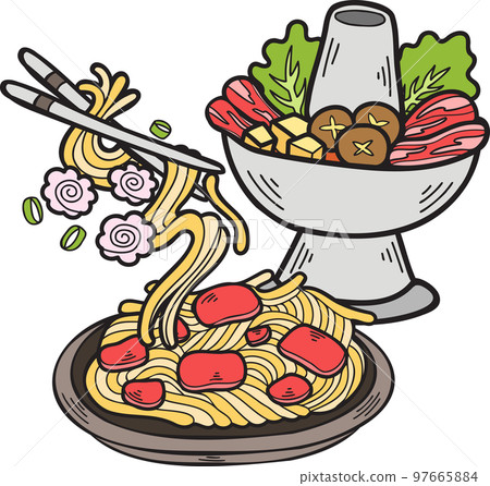 Hand Drawn Hot Pot and Noodles Chinese and Japanese food illustration Hand Drawn Hot Pot and Noodles Chinese and Japanese food illustration 97665884