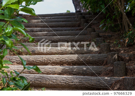 從山間小道的階梯中間往上看 從山間小道的階梯中間往上看 97666329