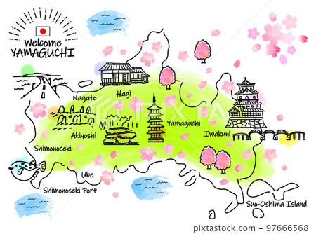 Simple line drawing illustration map of tourist spots in Yamaguchi Prefecture in spring Simple line drawing illustration map of tourist spots in Yamaguchi Prefecture in spring 97666568