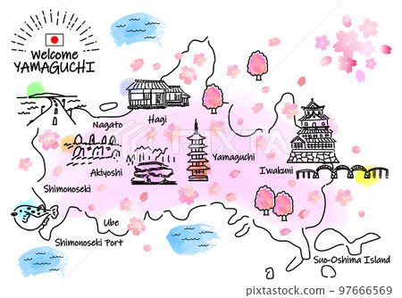 Simple line drawing illustration map of tourist spots in Yamaguchi Prefecture in spring (pink) Simple line drawing illustration map of tourist spots in Yamaguchi Prefecture in spring (pink) 97666569