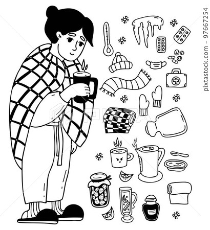Human disease collection. Sick woman wrapped in blanket with cup of hot tea. Near pills, scarf, jam, kettle, mulled wine, heating pad and thermometer. Isolated vector line doodles. Human disease collection. Sick woman wrapped in blanket with cup of hot tea. Near pills, scarf, jam, kettle, mulled wine, heating pad and thermometer. Isolated vector line doodles. 97667254