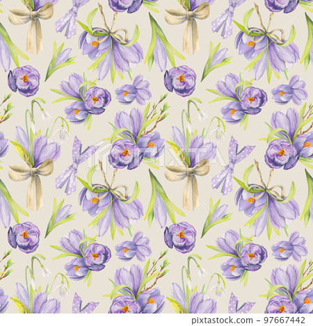 Watercolor hand drawn seamless pattern with spring flowers, crocus, snowdrops, leaves, stems. Isolated on color background Design for invitations, wedding, greeting cards, wallpaper, print, textile. 97667442