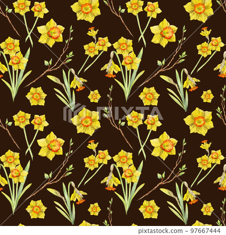 Watercolor hand drawn seamless pattern with spring flowers, daffodils, leaves, stems, branches. Isolated on white background Design for invitations, wedding, greeting cards, wallpaper, print, textile. Watercolor hand drawn seamless pattern with spring flowers, daffodils, leaves, stems, branches. Isolated on white background Design for invitations, wedding, greeting cards, wallpaper, print, textile. 97667444