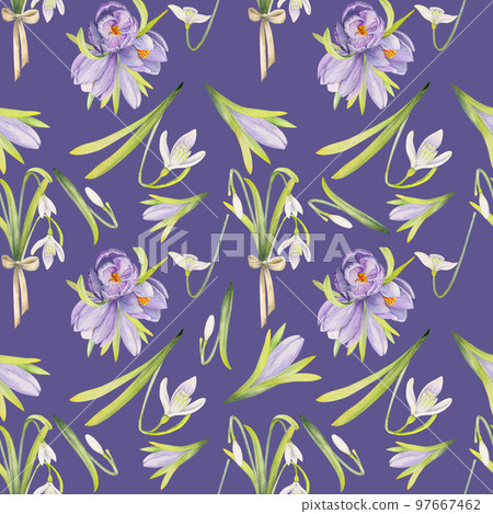 Watercolor hand drawn seamless pattern with spring flowers, crocus, snowdrops, leaves, stems. Isolated on color background Design for invitations, wedding, greeting cards, wallpaper, print, textile. Watercolor hand drawn seamless pattern with spring flowers, crocus, snowdrops, leaves, stems. Isolated on color background Design for invitations, wedding, greeting cards, wallpaper, print, textile. 97667462