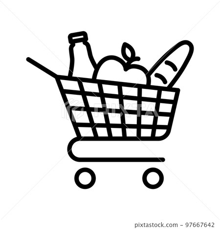 Full grocery shopping cart. Shop trolley with food. Online shopping. Order online. 97667642