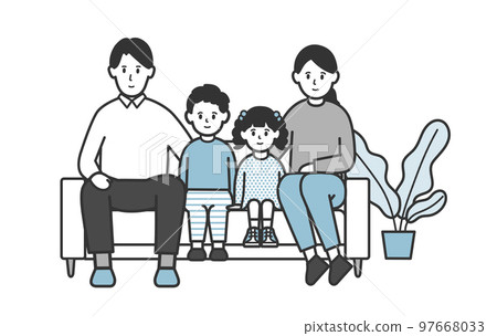 Illustration of a family of four sitting on a sofa 97668033