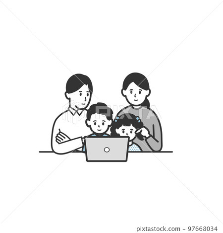 Illustration of a family of four looking at a computer 97668034