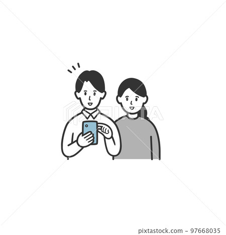 Illustration of a young couple looking at a mobile phone Illustration of a young couple looking at a mobile phone 97668035