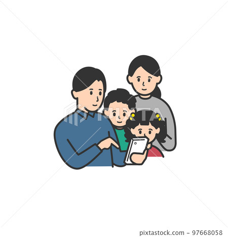 Illustration of a family of four looking at a mobile phone 97668058